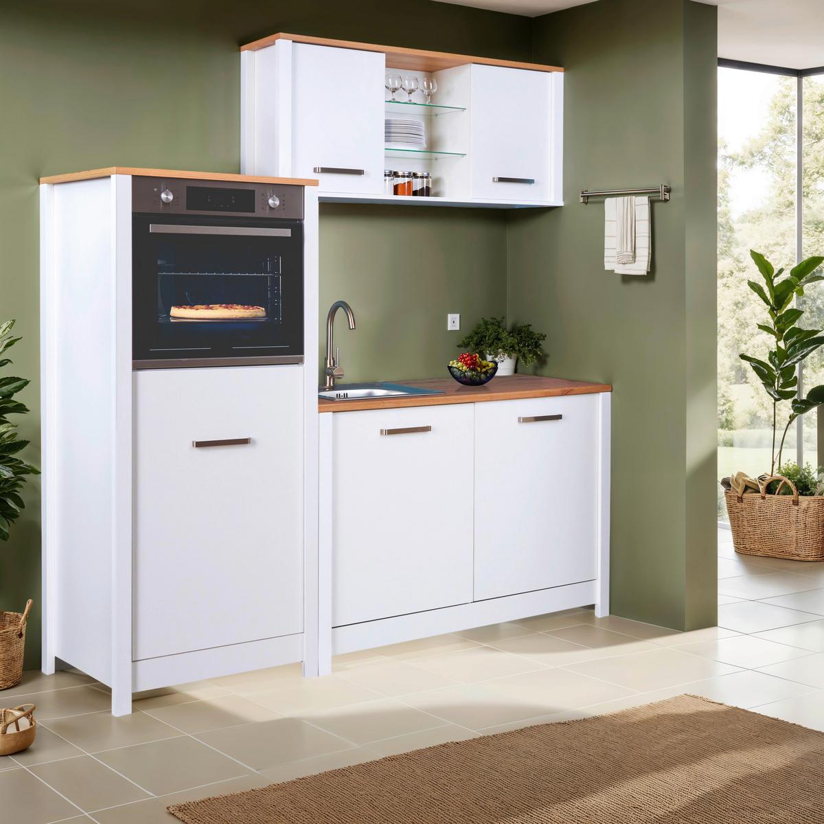 Küchenleerblock Bundle 2 o. Geräte Weiß/Eiche - Silberfarben/Weiß, MODERN, Glas/Holzwerkstoff (200/167/60cm) - home24