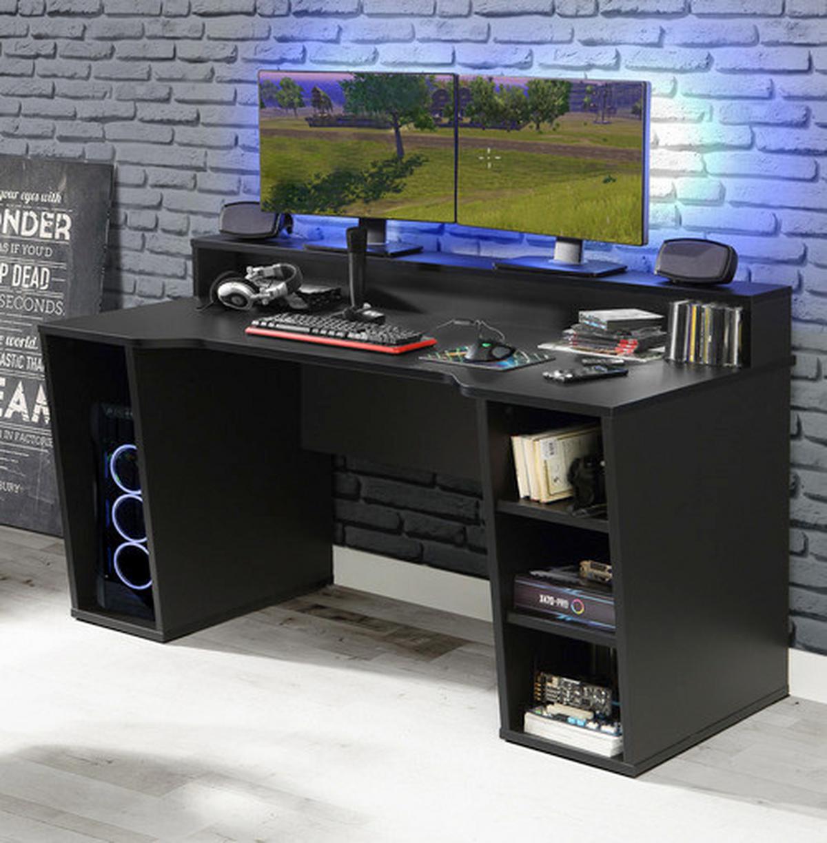Gamer Asztal Tezaur - fekete, Basics, műanyag/faalapú anyag (160/72/91cm) - MID.YOU