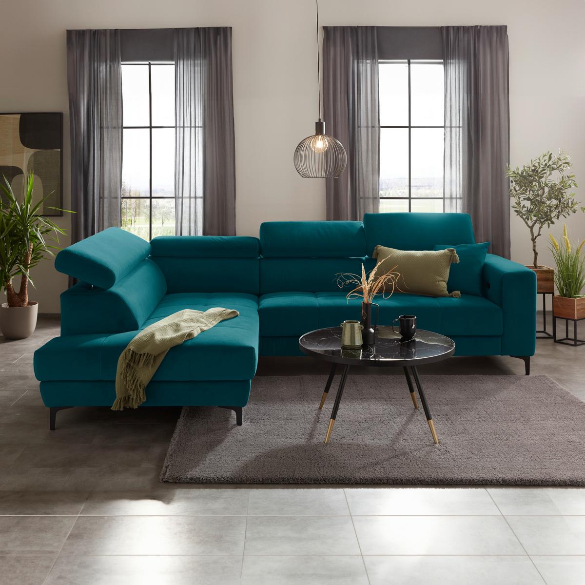 Ecksofa Emma links Petrol - Petrol/Schwarz, MODERN, Textil (210/47/301cm) - Premium Living