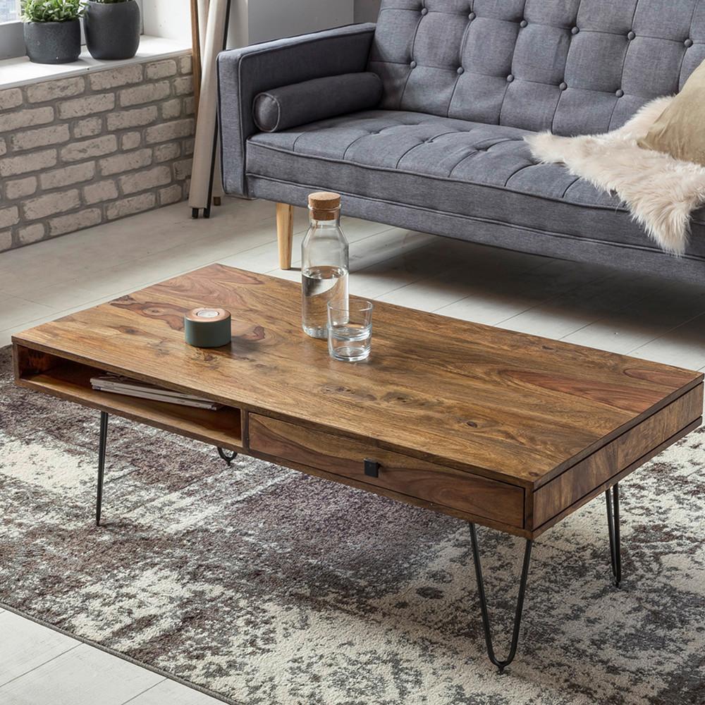 Couchtisch Bagli ca. 117x60 cm Sheesham massiv - Sheeshamfarben/Schwarz, Design, Holz/Metall (117/60/40cm) - MID.YOU
