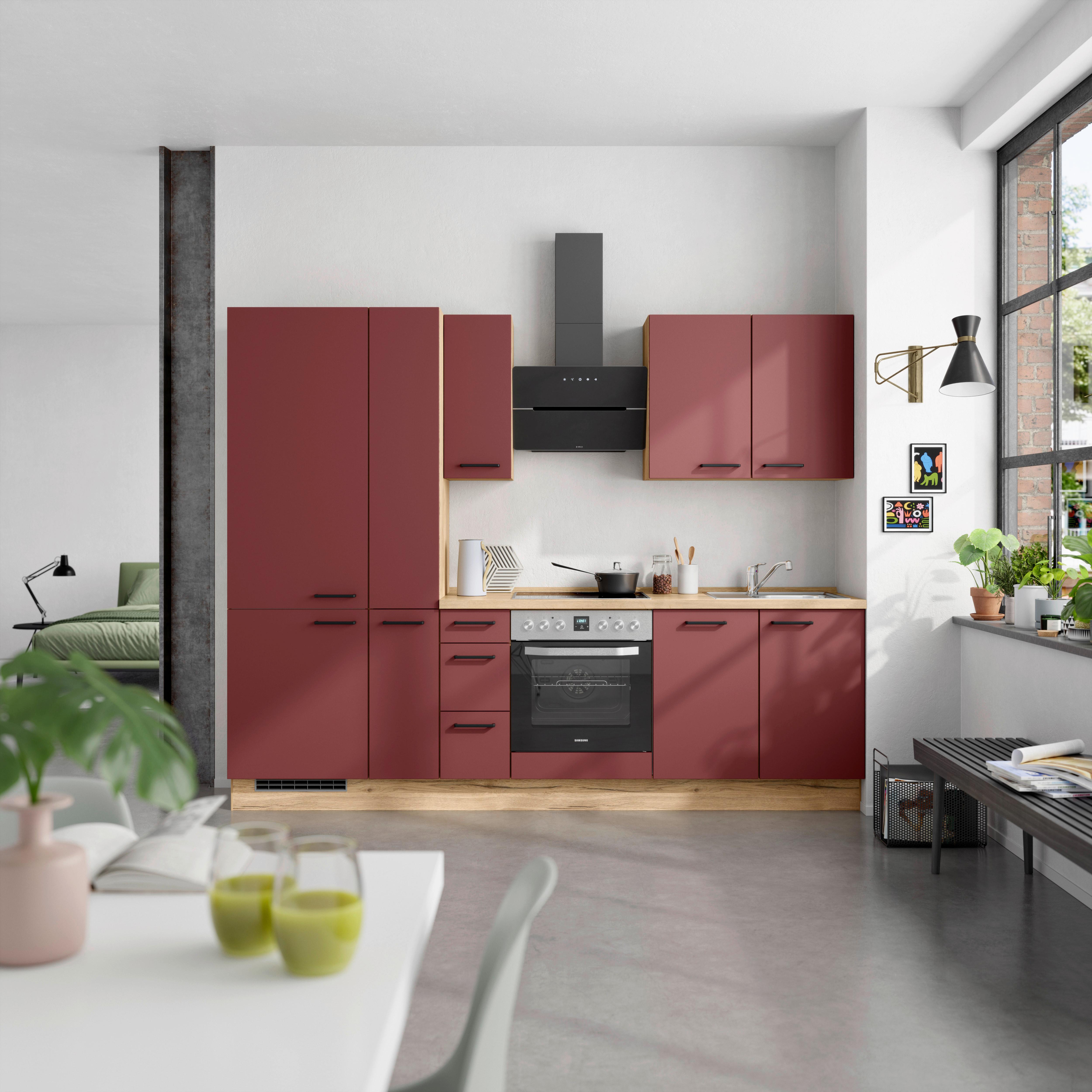 Küchenblock Easytouch High m. Geräten Dunkelrot - Eichefarben/Schwarz, MODERN, Holzwerkstoff/Metall (270cm) - Nobilia