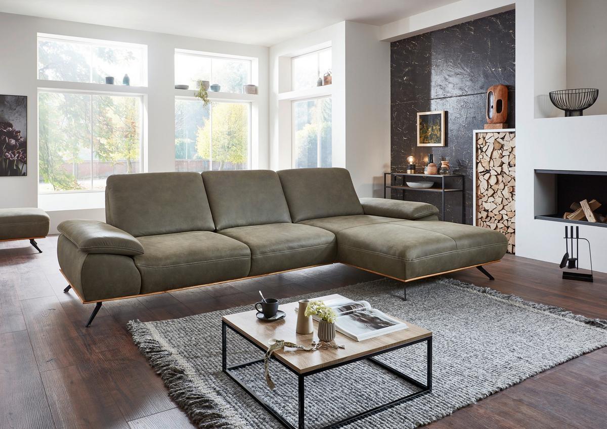 Wohnlandschaft Erling in Leder Olive - Beige/Schwarz, MODERN, Leder/Metall (322/89/187cm) - Premium Living