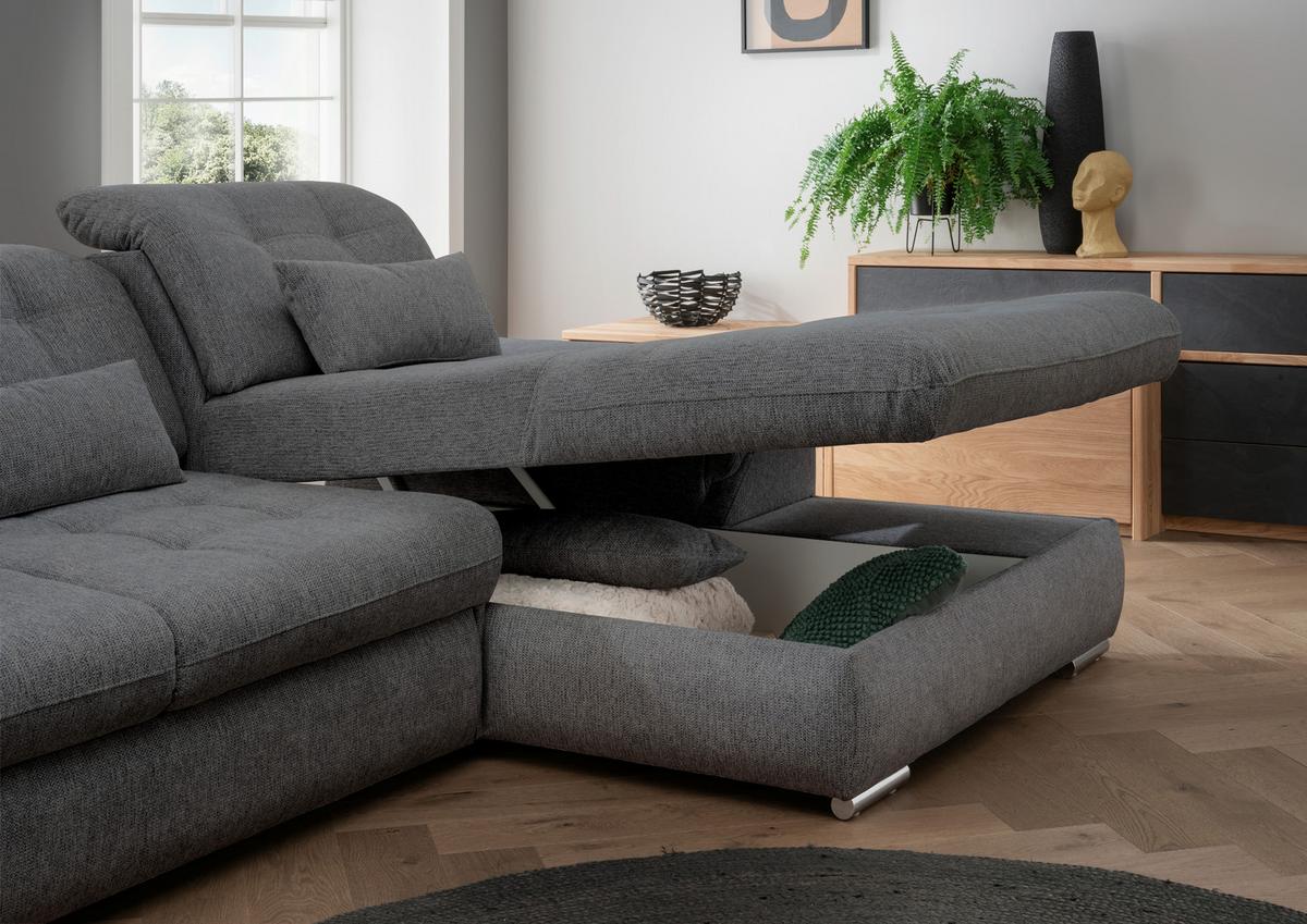 Ecksofa Rigatti mit Bettkasten ca. 314x184 cm Anthrazit - Chromfarben/Anthrazit, MODERN, Textil/Metall (314/184cm) - Livetastic