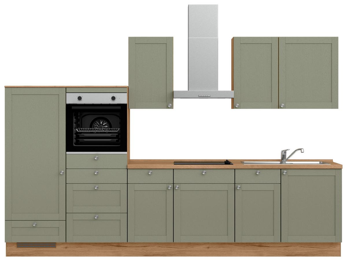 Küchenleerblock Frame Low o. Geräte Olivgrün - Edelstahlfarben/Eichefarben, MODERN, Holzwerkstoff/Metall (330cm) - Nobilia