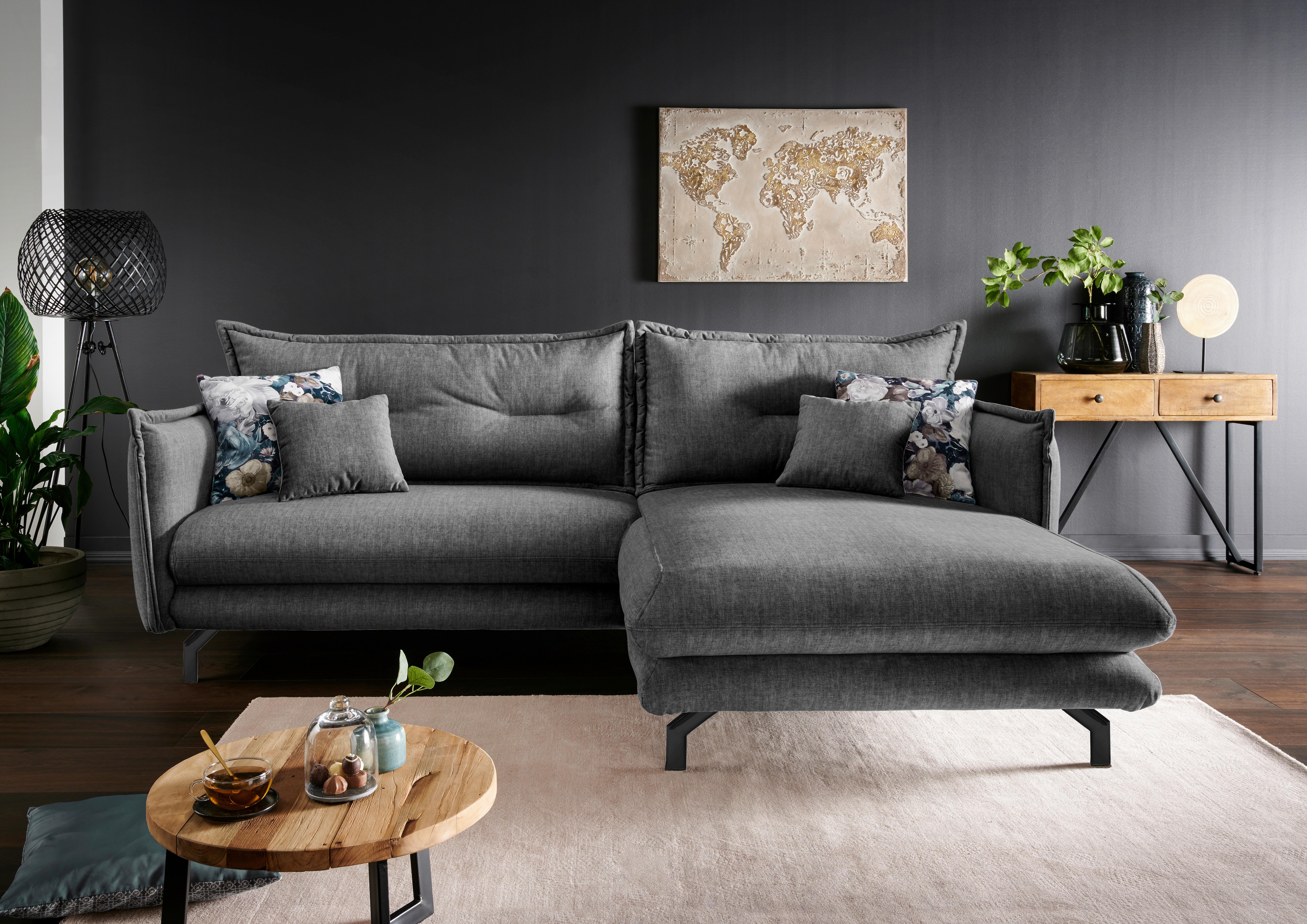 Wohnlandschaft Lava Grau Velours - Türkis/Schwarz, MODERN, Textil/Metall (255/180cm) - Livetastic