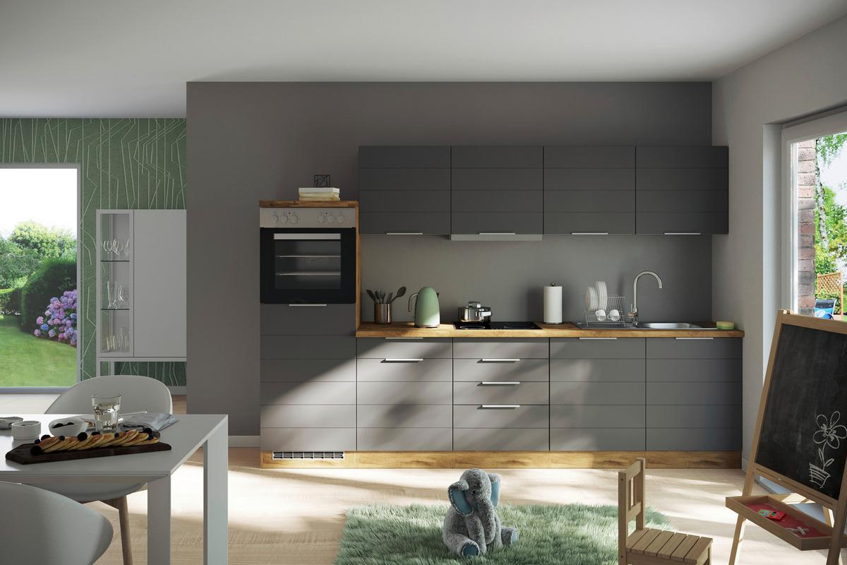Küchenzeile Florenz mit Geräten ca. 300 cm Grau/Eiche - Eiche Wotan/Grau, Design, Holzwerkstoff/Metall (300cm) - Held