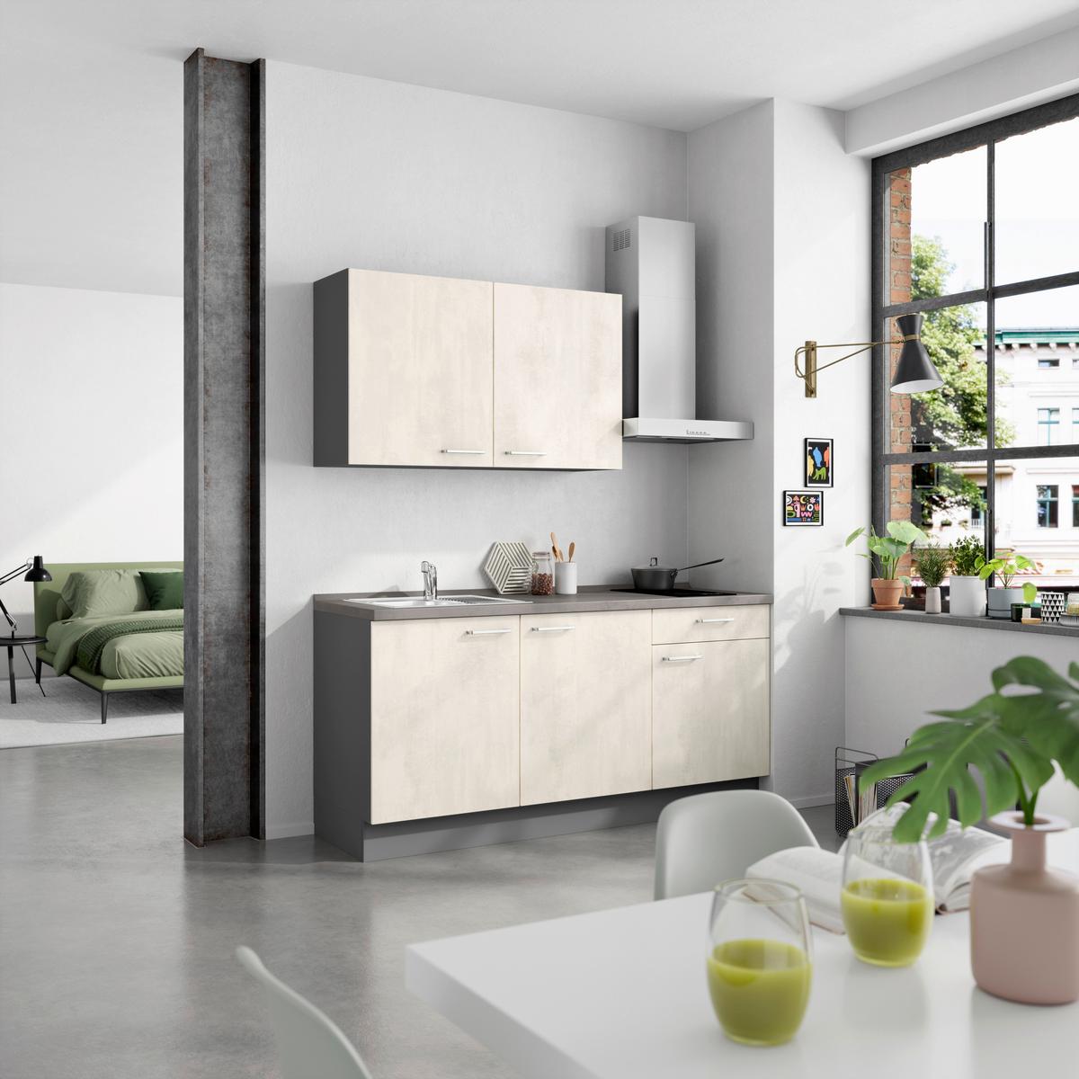 Küchenblock Riva Low m. Geräten Weiß - Schieferfarben/Edelstahlfarben, MODERN, Holzwerkstoff/Metall (180cm) - Nobilia