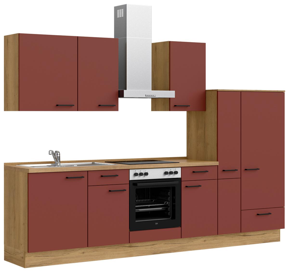 Küchenblock Easytouch Low m. Geräten Dunkelrot - Eichefarben/Schwarz, MODERN, Holzwerkstoff/Metall (300cm) - Nobilia