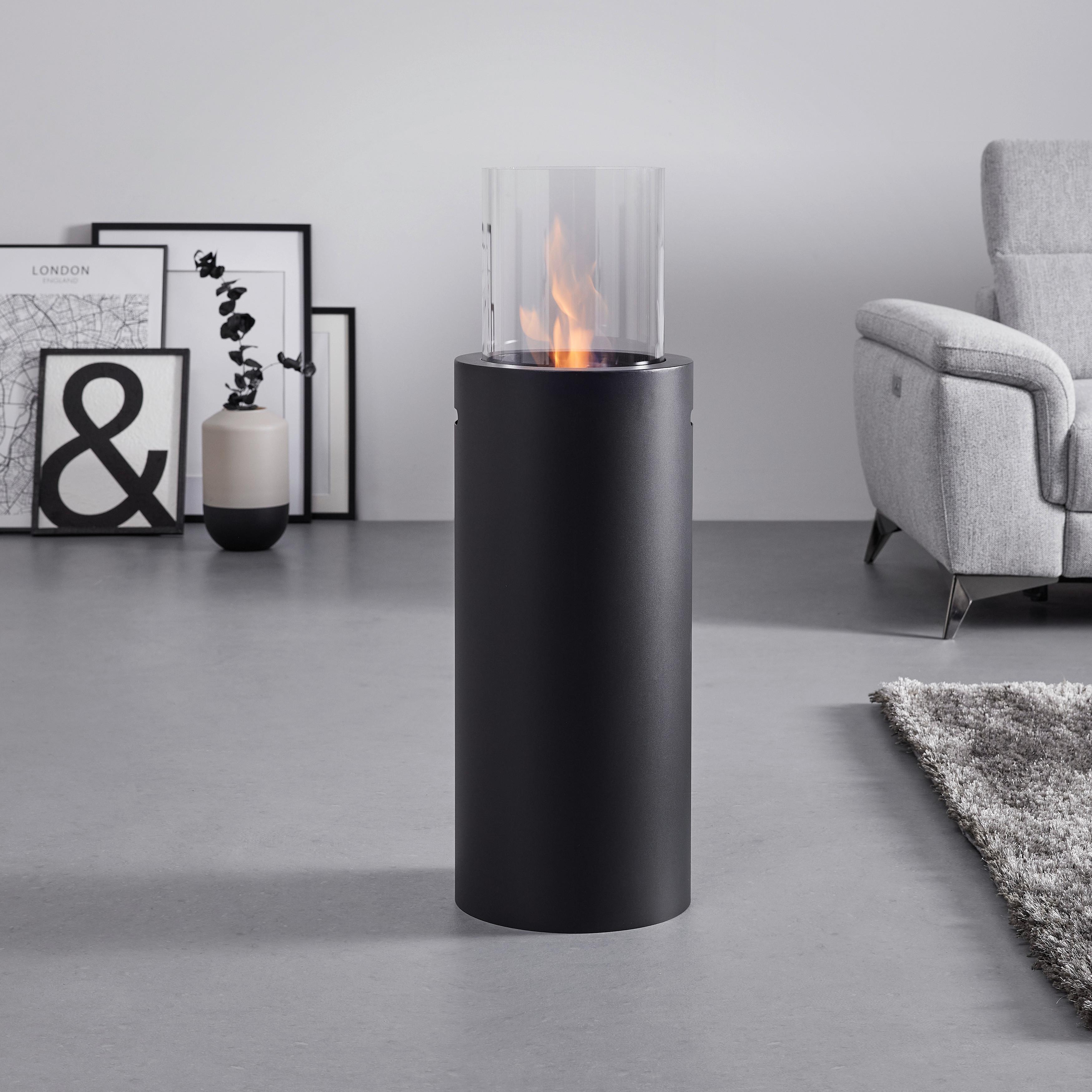 Ethanolkamin Jona Schwarz Metall/Glas Freistehend - Schwarz, MODERN, Glas/Metall (30/94/30cm) - Bessagi Home