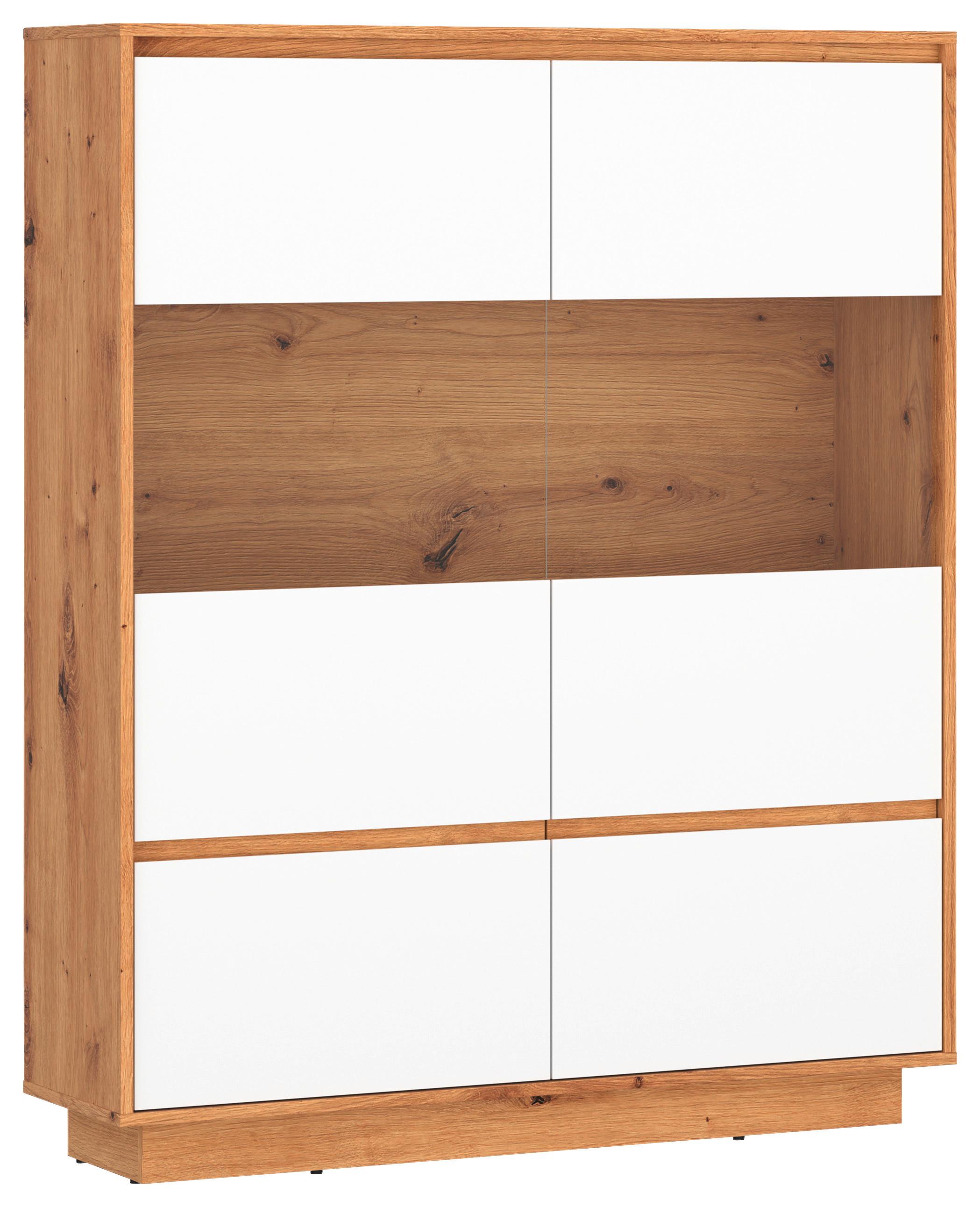 Comodă înaltă FOGGIA - alb/stejar Artisan, Trend, sticlă/material pe bază de lemn (113,5/142/35cm) - Modern Living
