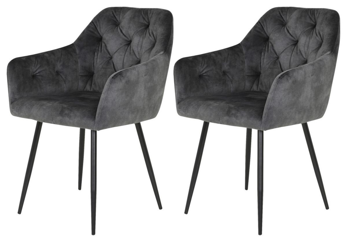 Armlehnstuhl Tina 2er-Set Anthrazit Samt - Anthrazit/Schwarz, MODERN, Textil/Metall (56/81/62cm) - MID.YOU