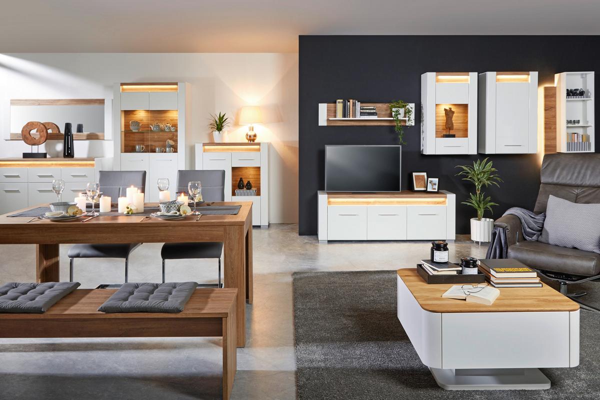 Vitrine in Weiß Hochglanz - Chromfarben/Eichefarben, MODERN, Glas/Holzwerkstoff (100/201/40cm) - Mömax