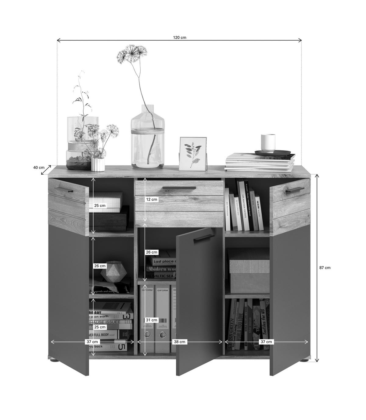 Comodă MASON - culoare lemn stejar/gri, material pe bază de lemn (120/87/40cm) - Modern Living