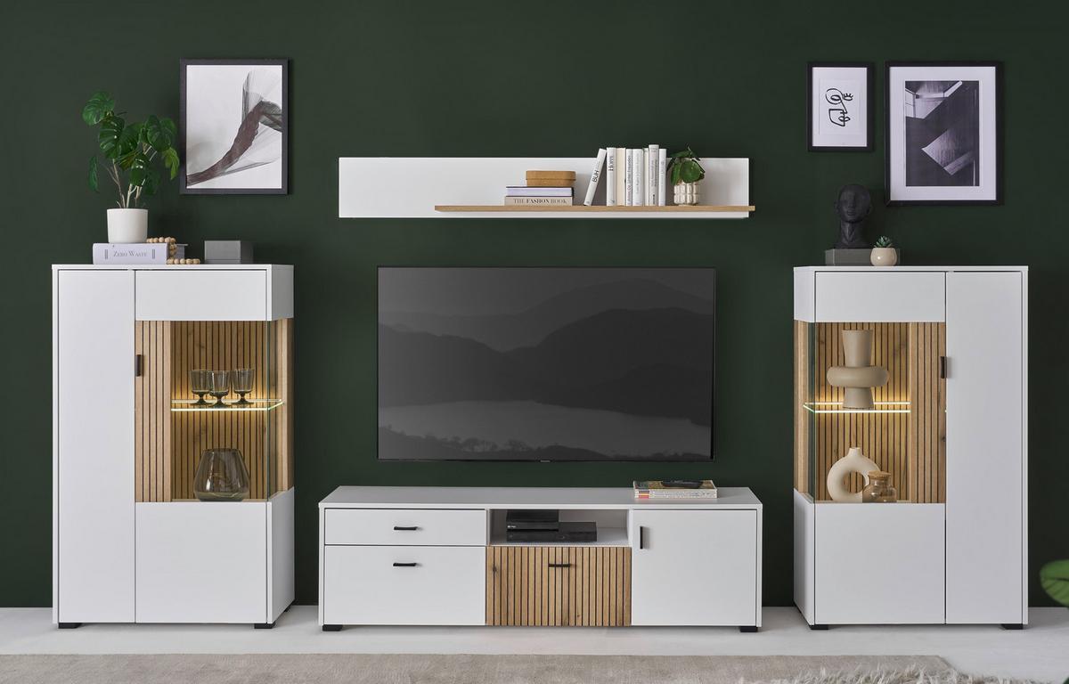 Wohnwand Hudson Weiß/Eichefarben - Eichefarben/Schwarz, Design, Glas/Holzwerkstoff (320/180/42cm) - MID.YOU