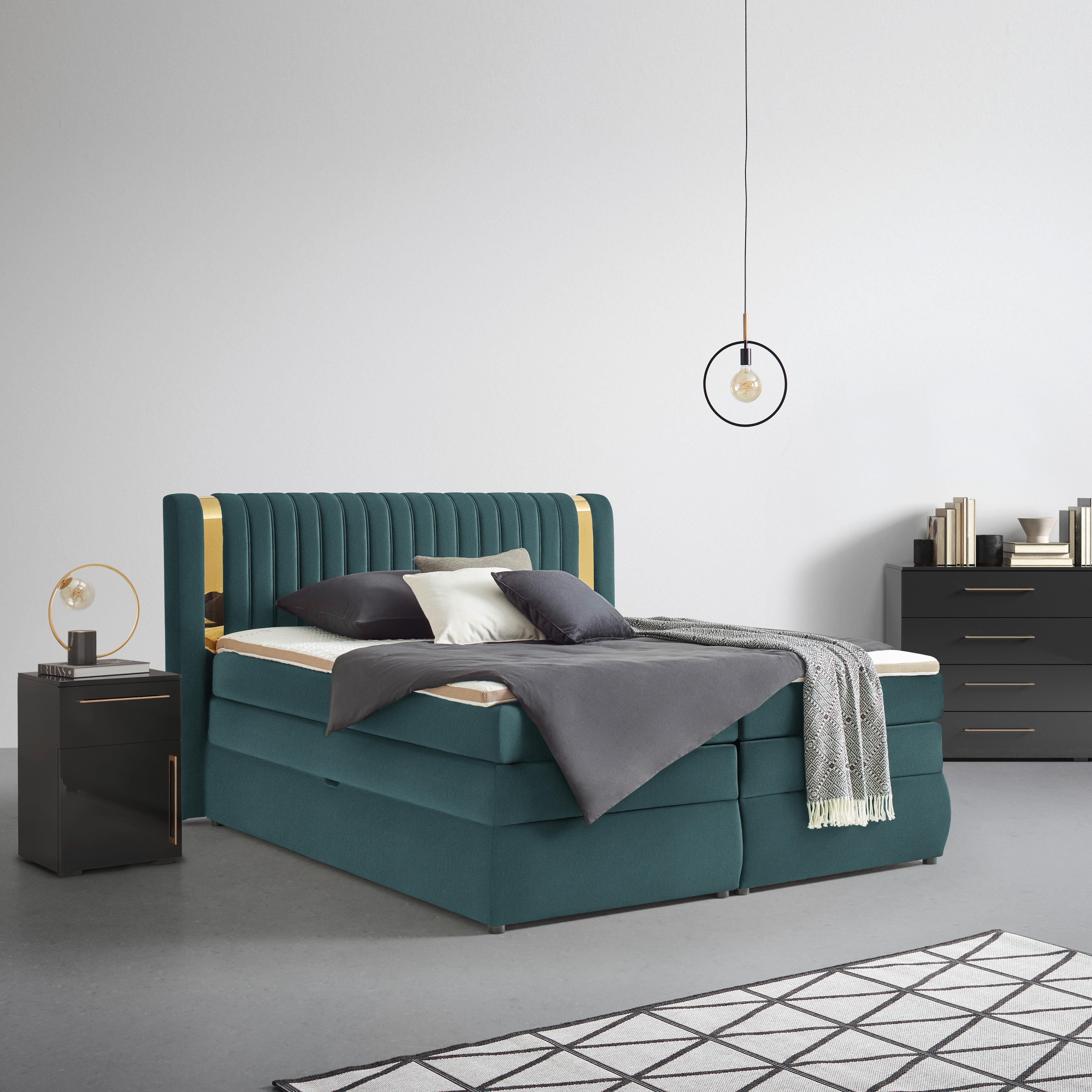 Boxspringbett Minola Gold Türkis ca. 180x200cm - Türkis/Schwarz, KONVENTIONELL, Kunststoff/Textil (180/200cm) - Premium Living