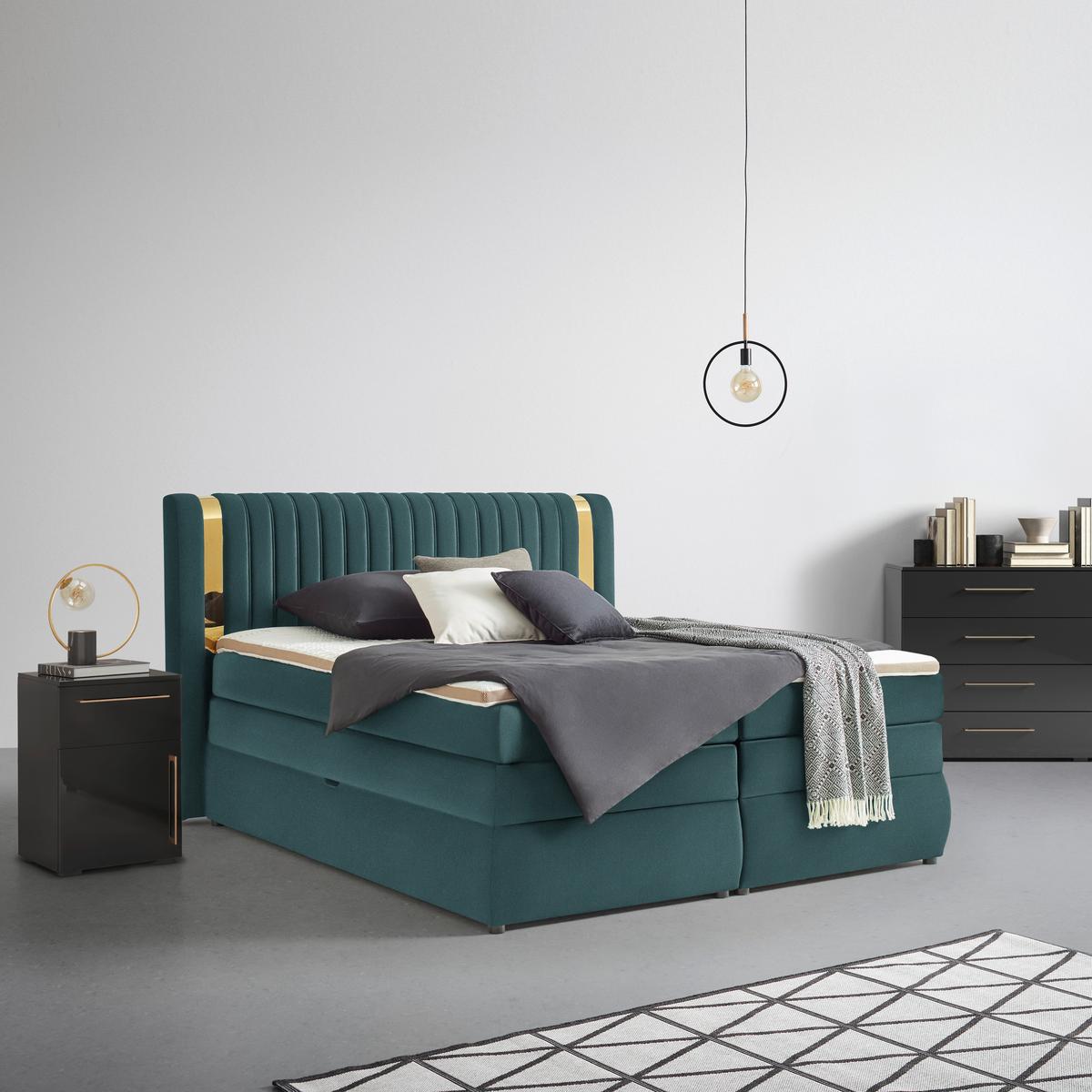 Boxspringbett Minola Gold Türkis ca. 160x200cm - Türkis/Schwarz, KONVENTIONELL, Kunststoff/Textil (160/200cm) - Premium Living