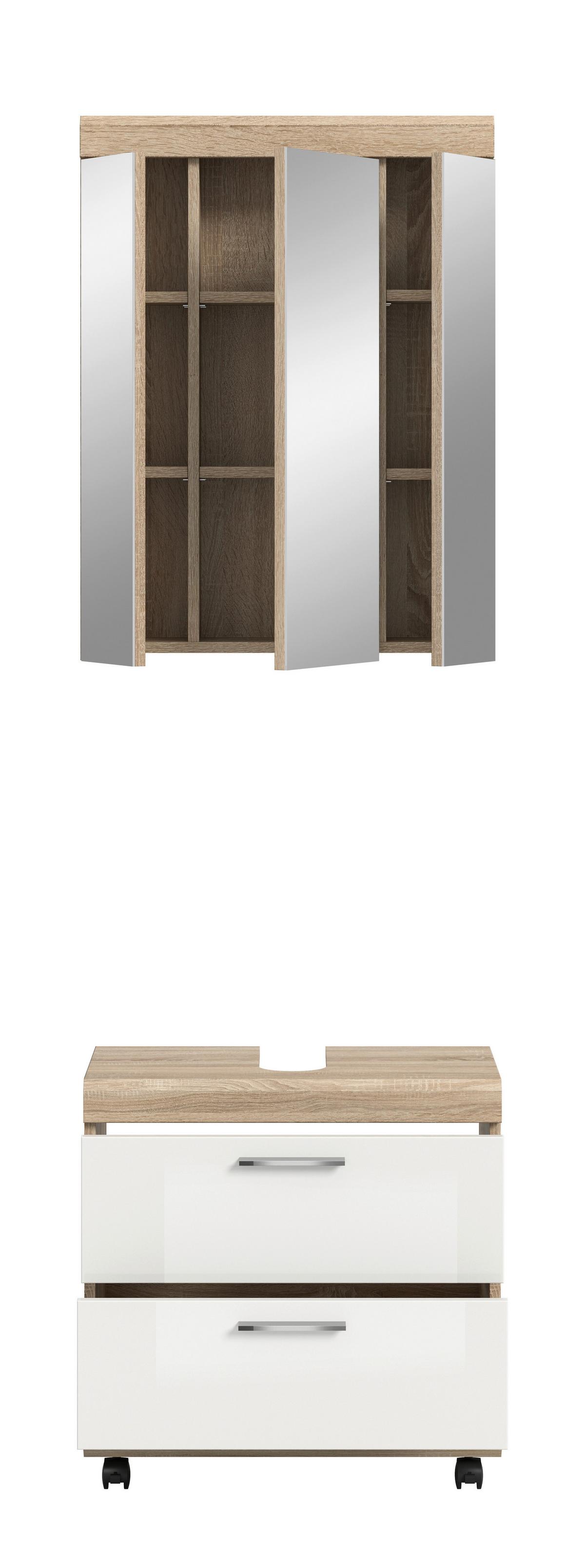 Badezimmer Lambada Sonoma Eiche/Weiß HG 2-teilig - Weiß Hochglanz/Silberfarben, Trend, Glas/Holzwerkstoff (60cm) - MID.YOU