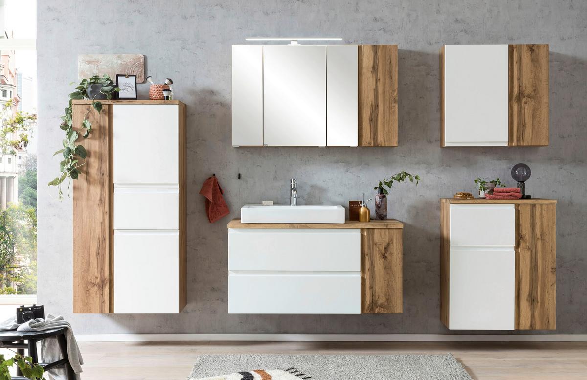 Waschtischkombi ''Varese'', Weiß/Eiche Wotan - Eiche Wotan/Weiß, MODERN, Keramik/Holzwerkstoff (105cm) - Held