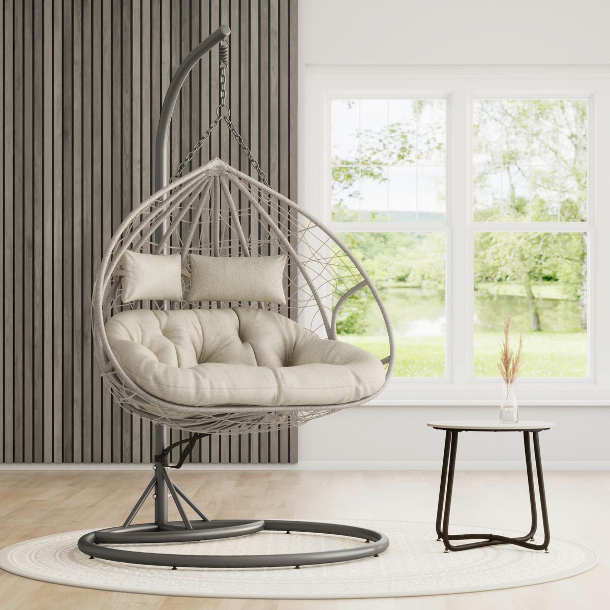 Hängesessel Enea Creme Metall/Kunststoff/Outdoorstoff - Creme/Grau, MODERN, Kunststoff/Textil (133/205/120cm) - Bessagi Garden