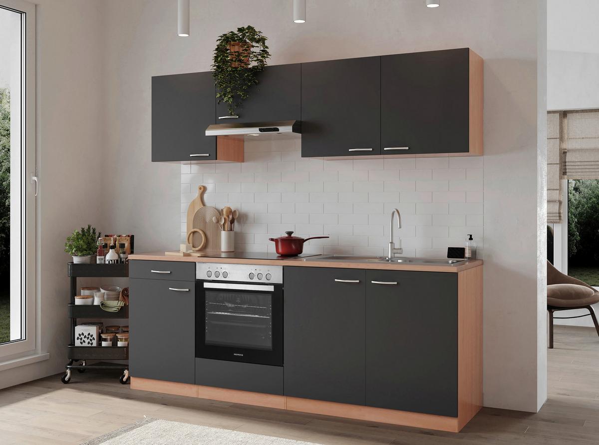 Küchenblock Gerda mit Geräten ca. 210 cm Grau - Buchefarben/Alufarben, Basics, Holzwerkstoff/Kunststoff (210cm) - Respekta
