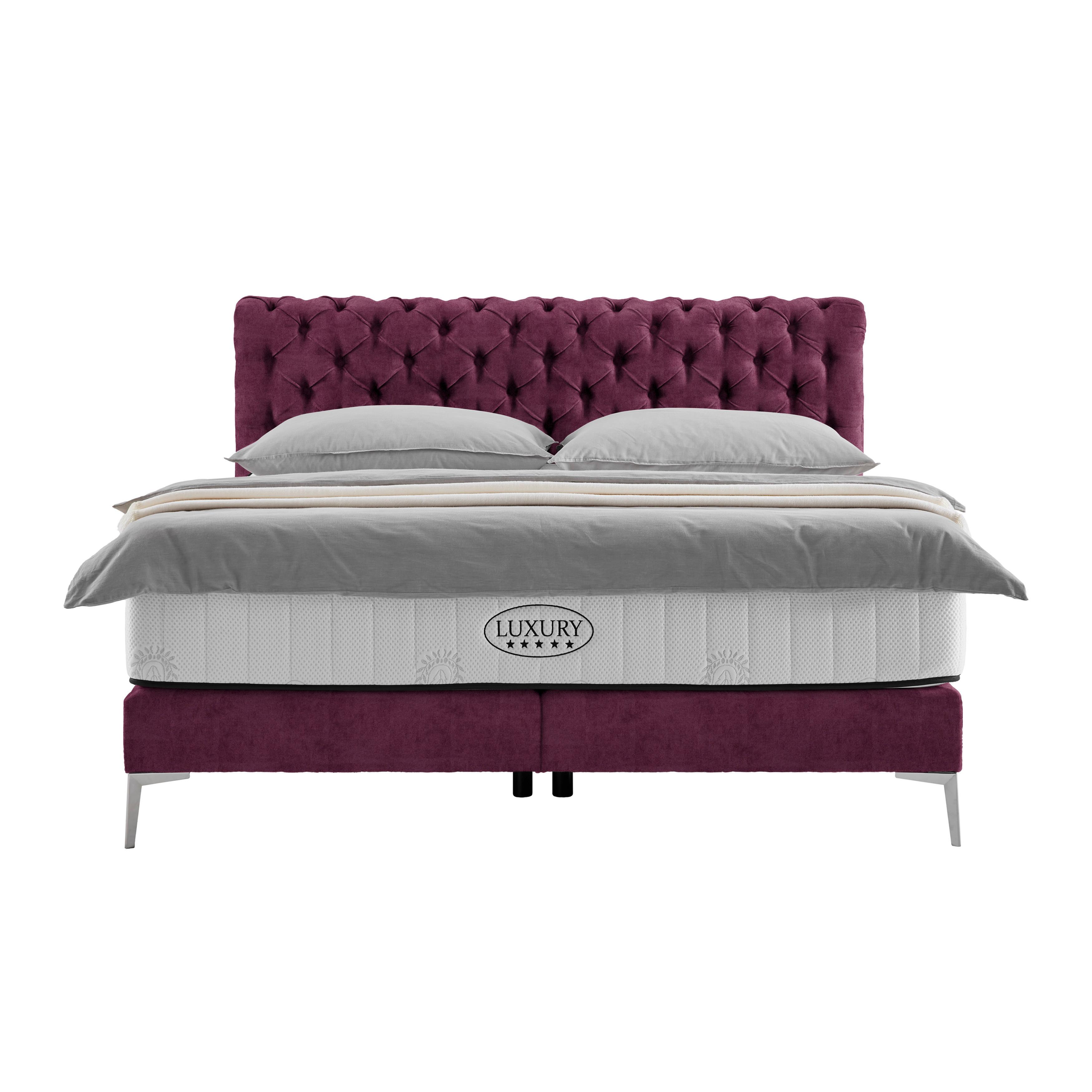 Boxspringbett Queen in Weinrot ca. 160x200cm - Chromfarben/Weinrot, KONVENTIONELL, Textil (160/200cm) - Premium Living