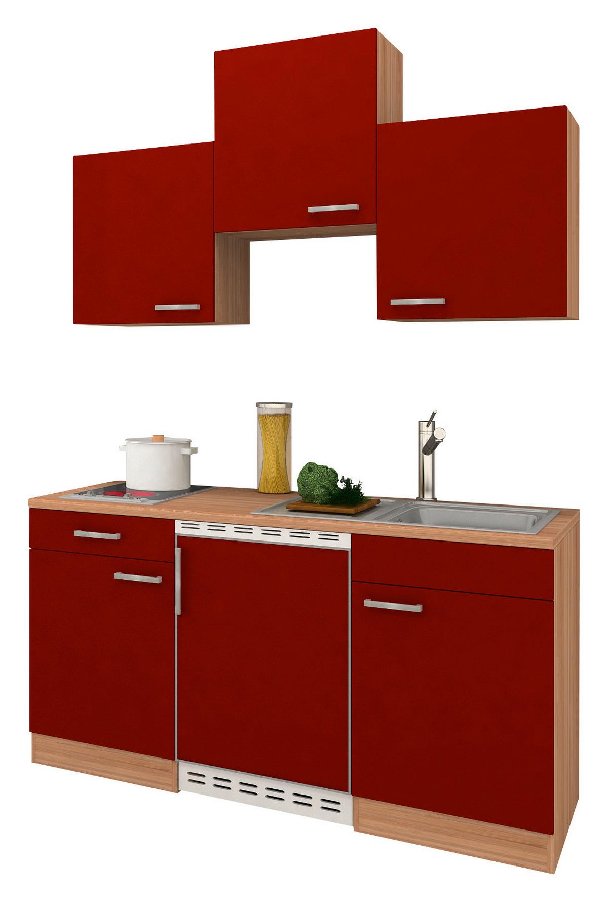 Miniküche Economy m. Geräten B: ca. 150cm Rot/Eichefarben - Rot, Basics, Holzwerkstoff (150cm) - Respekta