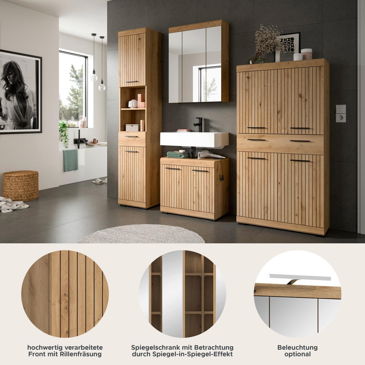 Badezimmer Scout Eiche Artisan 4-teilig - Schwarz/Eiche Artisan, Trend, Glas/Holzwerkstoff (171cm) - MID.YOU