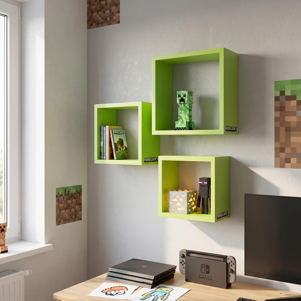 Stenski Regal Minecraft, Zelena, 3-Delni - zelena, Moderno, leseni material (28/28/18cm) - Minecraft