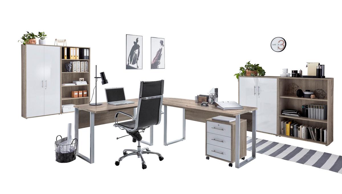 Büro Office Edition Set 1 Sonoma Eiche/Weiß - Weiß Hochglanz/Sonoma Eiche, MODERN, Holzwerkstoff - MID.YOU