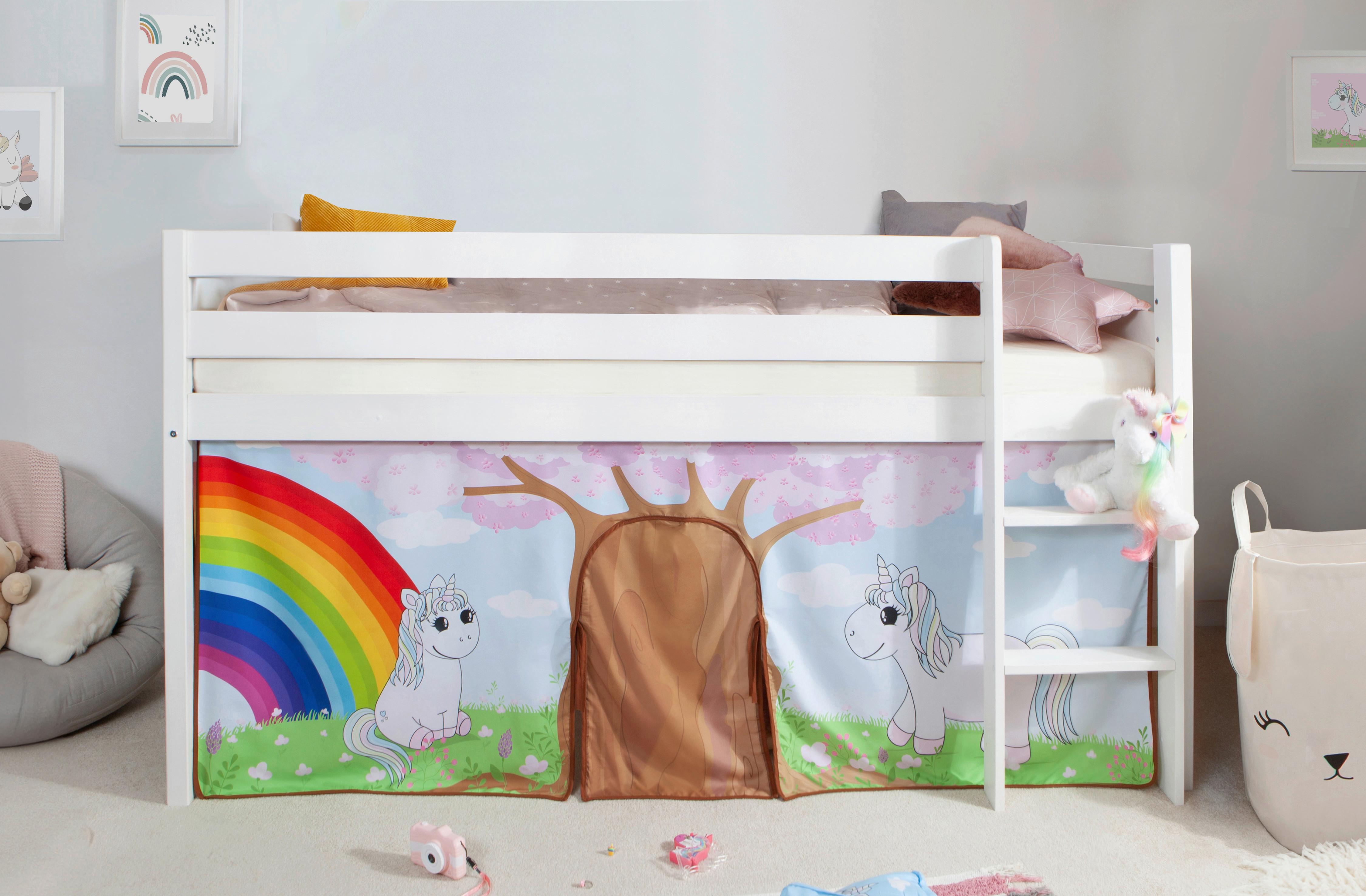 Hochbett Holz Malte ca. 90x200 cm Weiß Einhorn - Naturfarben/Weiß, Natur, Holz/Textil (90/200cm) - MID.YOU