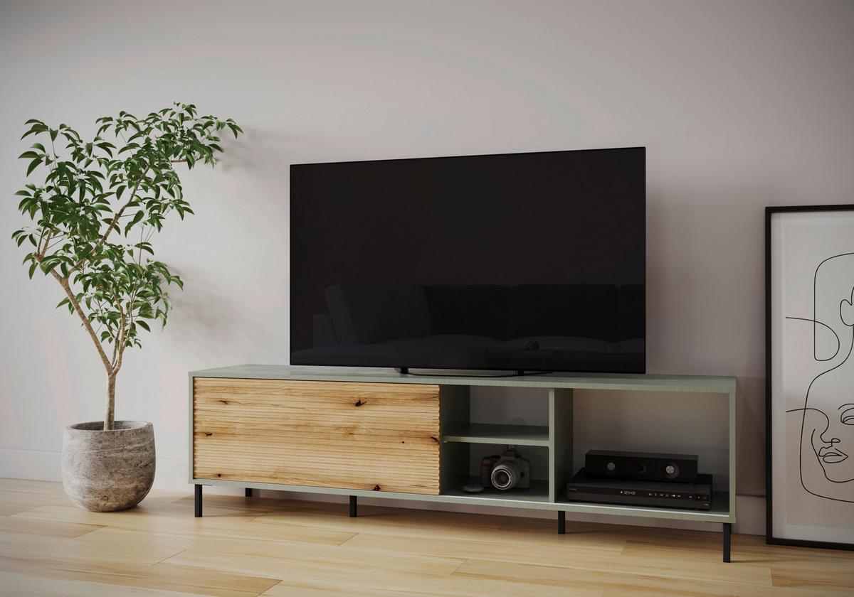 Comodă TV POZZI - culoare lemn stejar/verde gri, Trend, material pe bază de lemn (180/50,8/40cm) - Modern Living