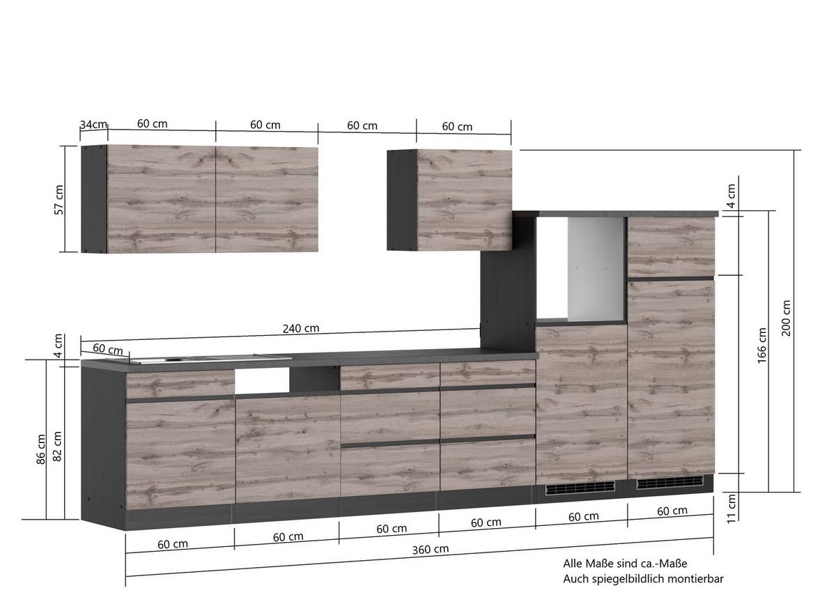 Küchenzeile Turin ohne Geräte ca. 360 cm Graphit/Eiche - Eiche Wotan/Graphitfarben, Design, Holzwerkstoff (360cm) - Held