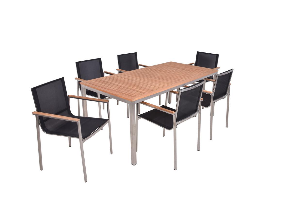 Gartentischgruppe Denver 7-tlg. Dunkelgrau/Teakholz - Dunkelgrau/Silberfarben, Basics, Holz/Kunststoff - Gardenson