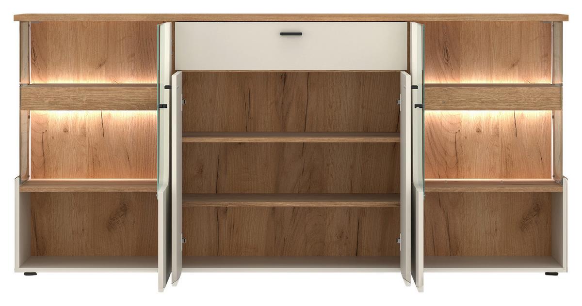 Comodă CUT OUT - cașmir/culoare lemn stejar, Modern, sticlă/material pe bază de lemn (190/90/40cm) - Premium Living