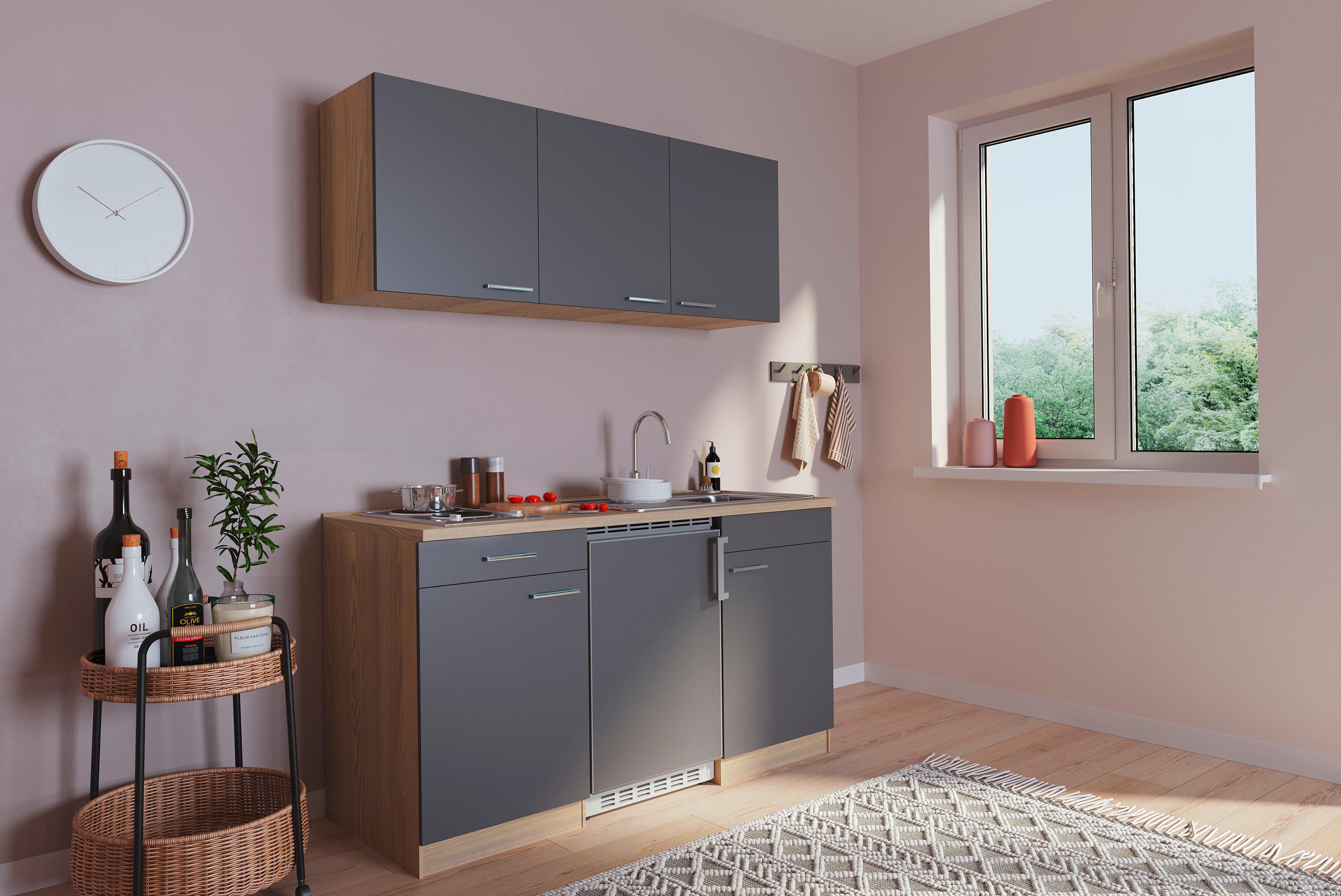 Miniküche Economy m. Geräten B: ca. 150cm Grau/Eichefarben - Eichefarben/Grau, Basics, Holzwerkstoff (150cm) - Respekta