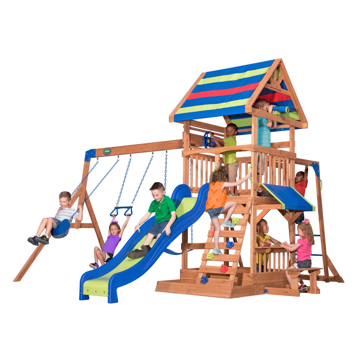 Spielturm Northbrook aus Zeder Massiv - Blau/Rot, Basics, Holz (429,3/299,7/136,9cm) - Ambia Garden
