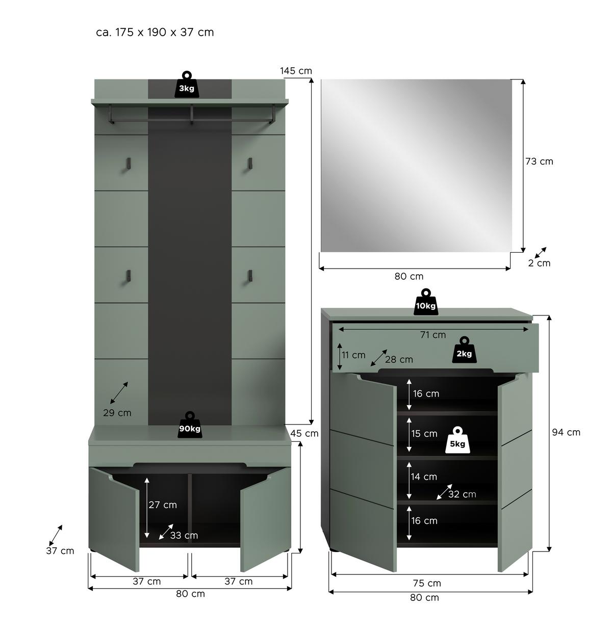 Predsoba Canu, Sivozelena, 4-Delna - Design, leseni material (175/190/37cm) - Livetastic