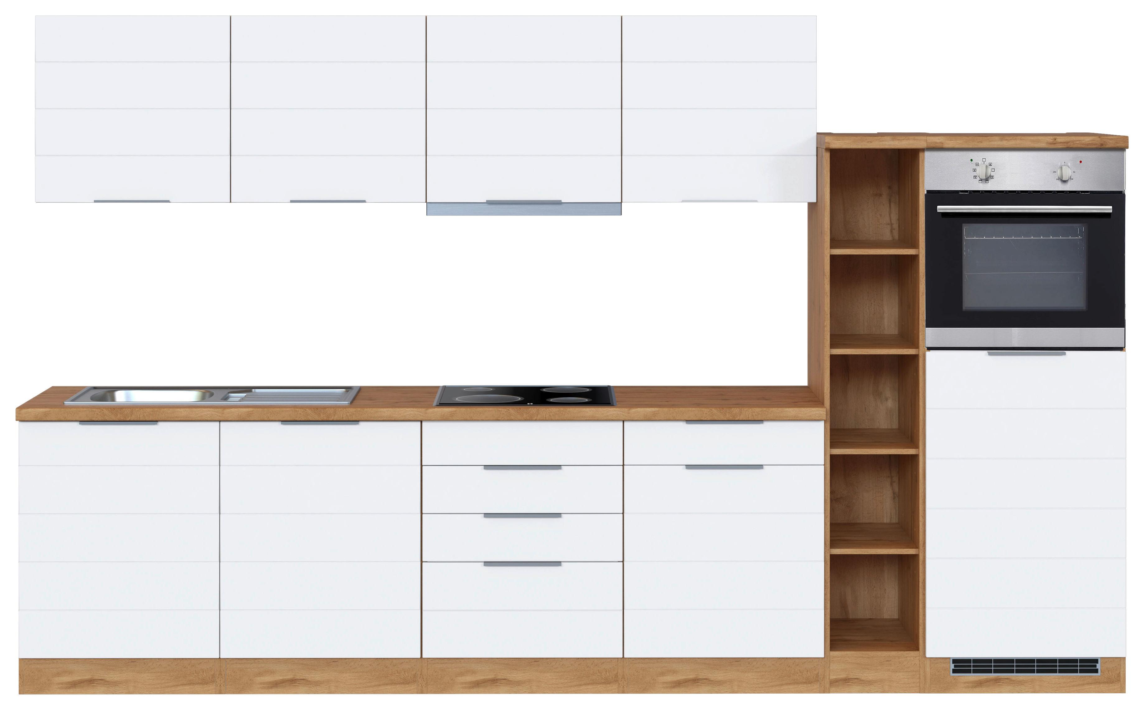 Küchenblock Florenz mit Geräten ca. 330 cm Weiß/Eiche - Eiche Wotan/Weiß, Design, Holzwerkstoff/Metall (330cm) - Held