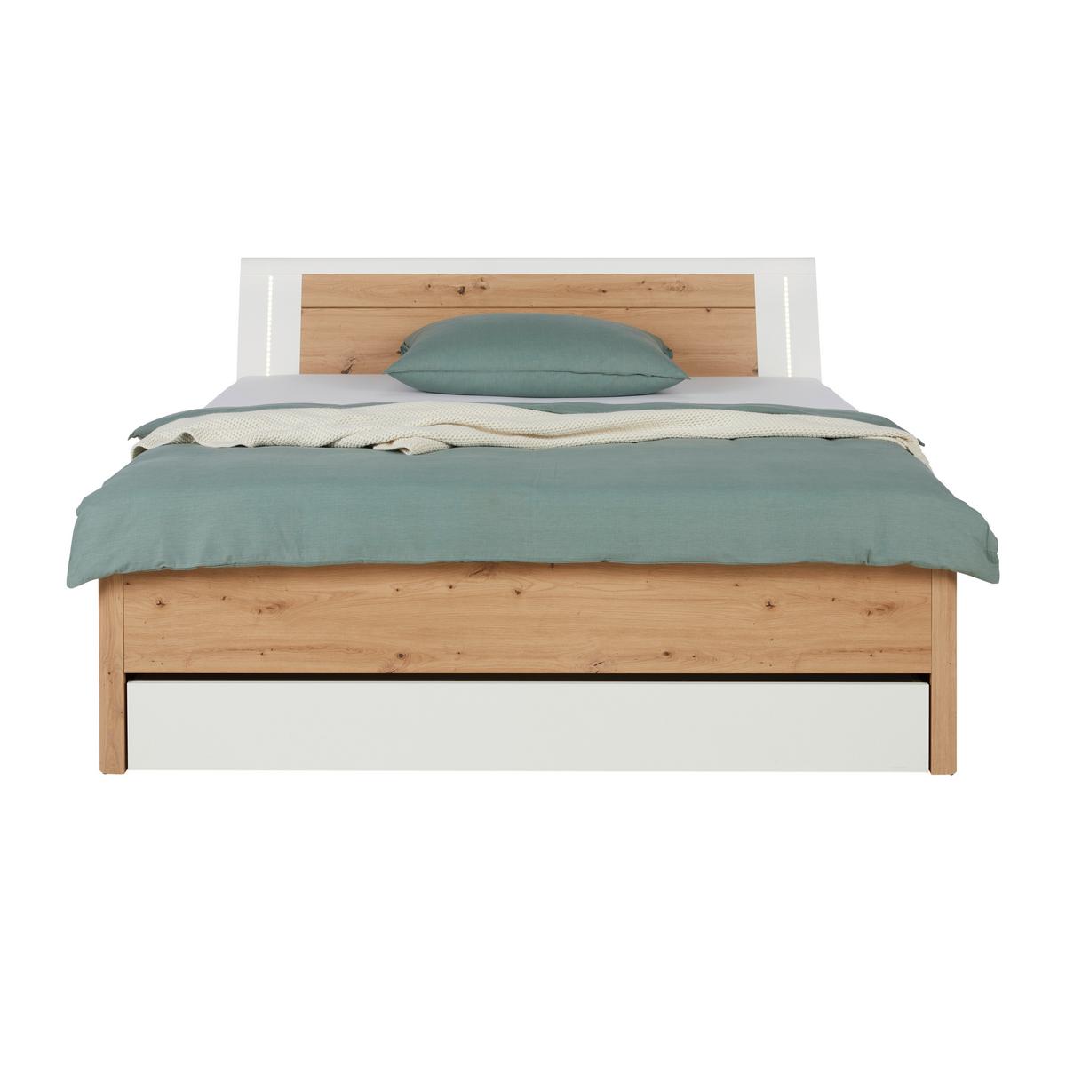 Stauraumbett in Weiß/Eiche Artisan - Eiche Artisan/Weiß, KONVENTIONELL, Holzwerkstoff (180/200cm) - Mömax