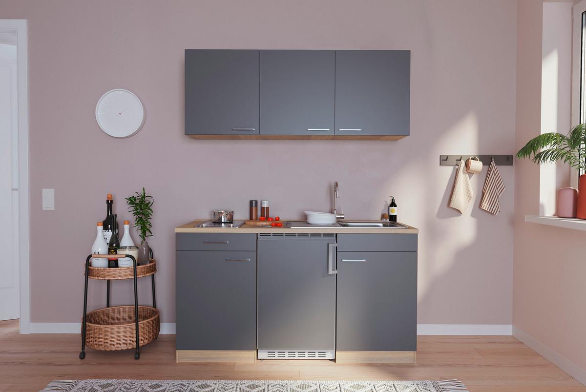 Miniküche Economy m. Geräten B: ca. 150cm Grau/Eichefarben - Eichefarben/Grau, Basics, Holzwerkstoff (150cm) - Respekta