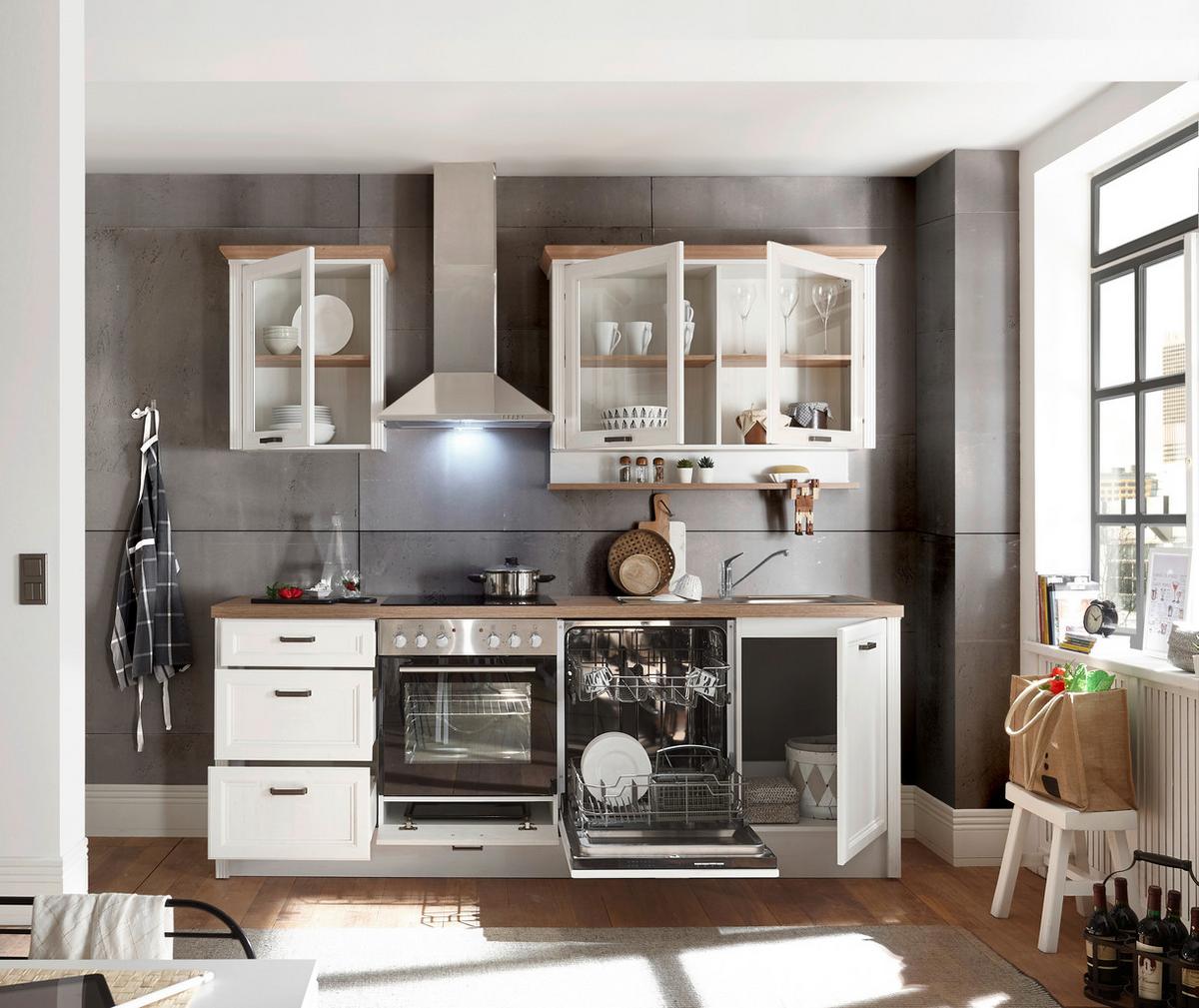 Küchenblock Jasmin mit Geräten ca. 235 cm Pienienfarben/Eiche - Anthrazit/Eiche Artisan, ROMANTIK / LANDHAUS, Glas/Holzwerkstoff (235cm) - P & B