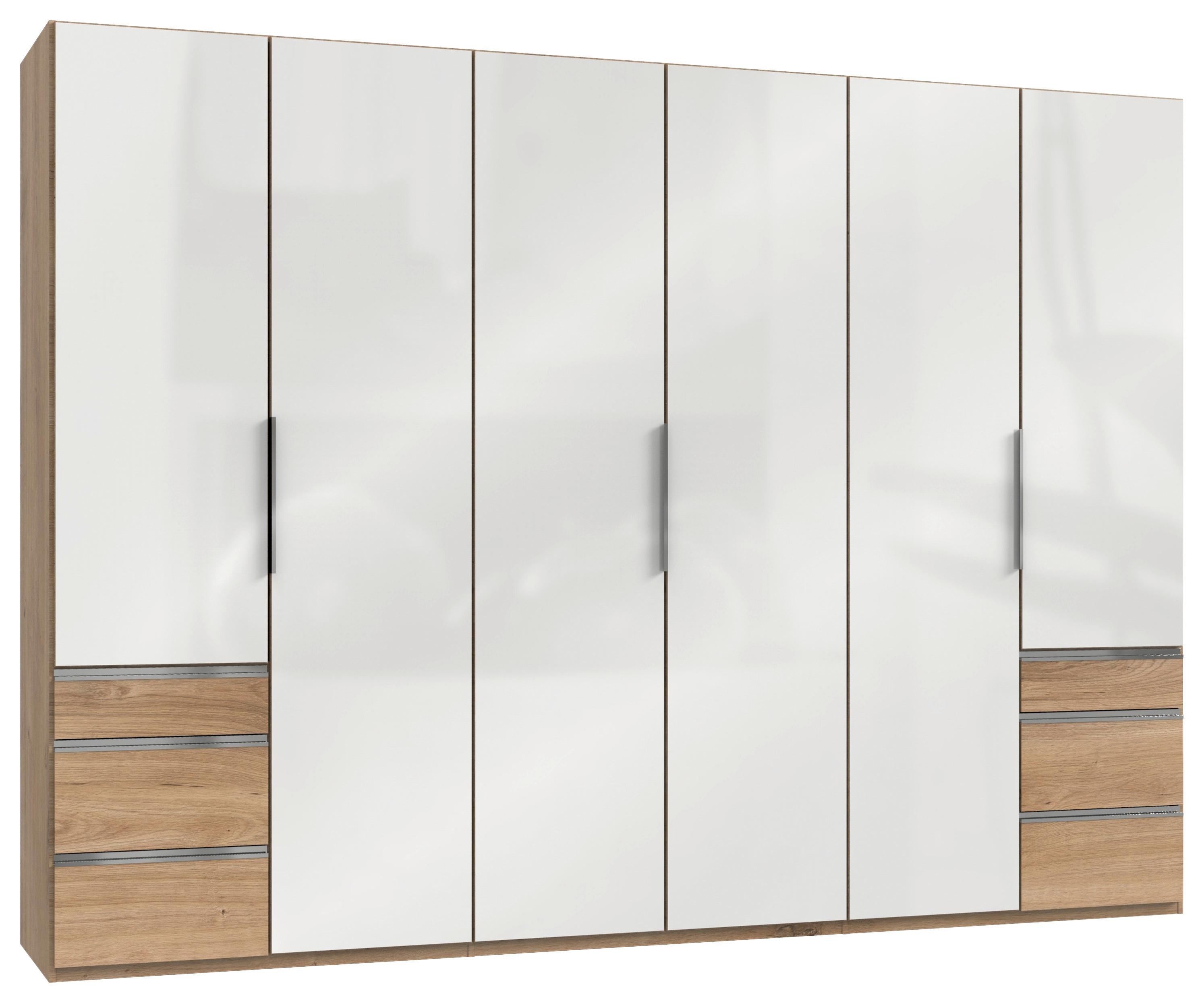 Drehtürenschrank Level 36D mit Laden ca. 300 cm Weiß/Eiche - Chromfarben/Weiß Hochglanz, MODERN, Holzwerkstoff/Metall (300/216/58cm) - MID.YOU