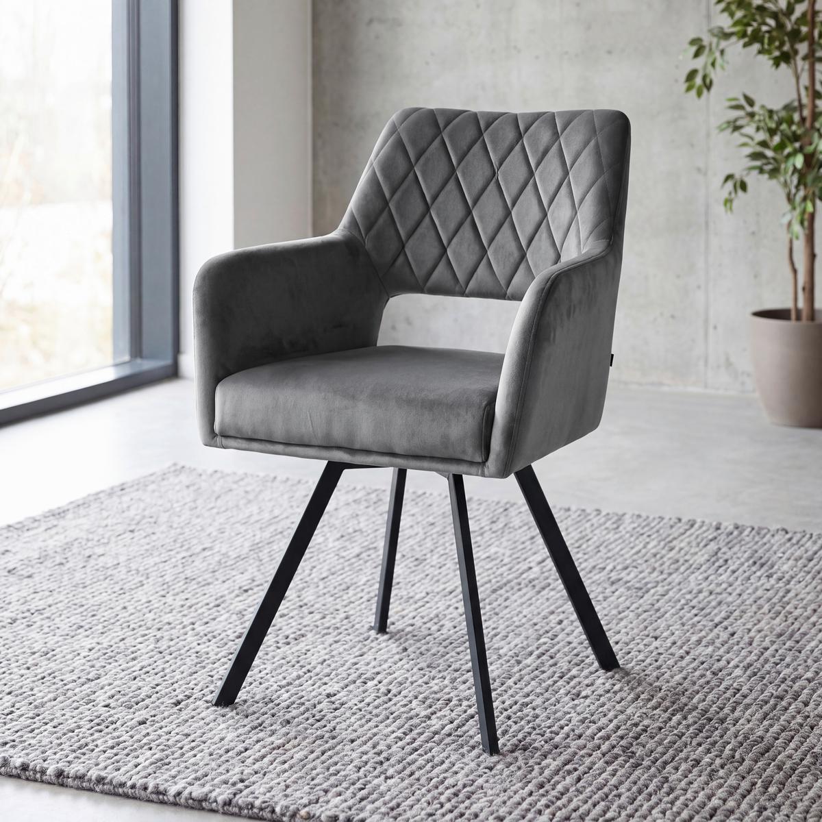 Naslanjač Vicky, Siva, Žamet, Vrtljiv - siva/črna, Moderno, kovina/tekstil (57/86/61cm)