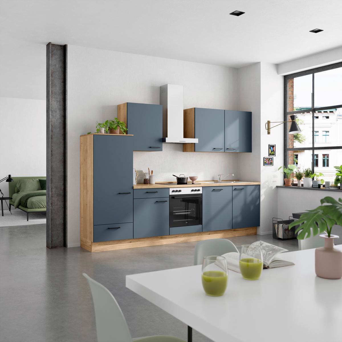 Küchenblock Easytouch Low m. Geräten Dunkelblau - Eichefarben/Schwarz, MODERN, Holzwerkstoff/Metall (300cm) - Nobilia
