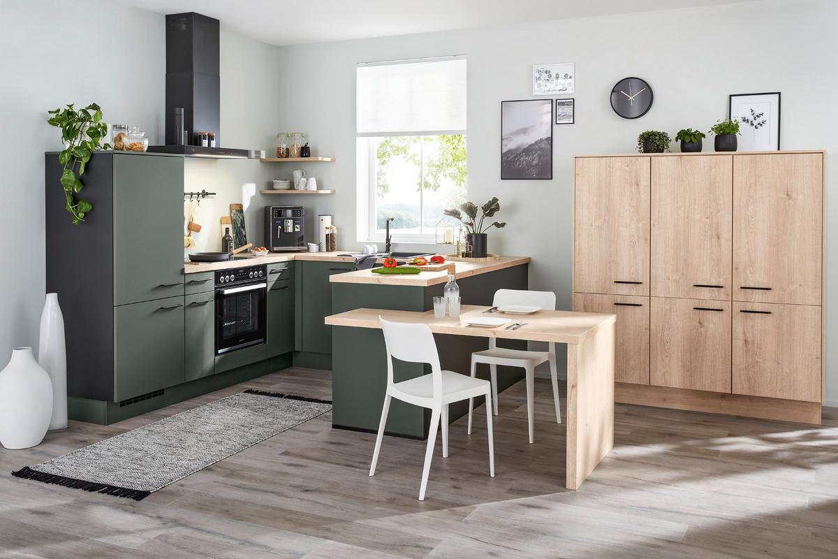 Eckküche Easytouch Natura o. Geräte ca.245x425cm Grün/Eiche - Schwarz/Grün, KONVENTIONELL, Holzwerkstoff/Metall (245/425cm) - Nobilia