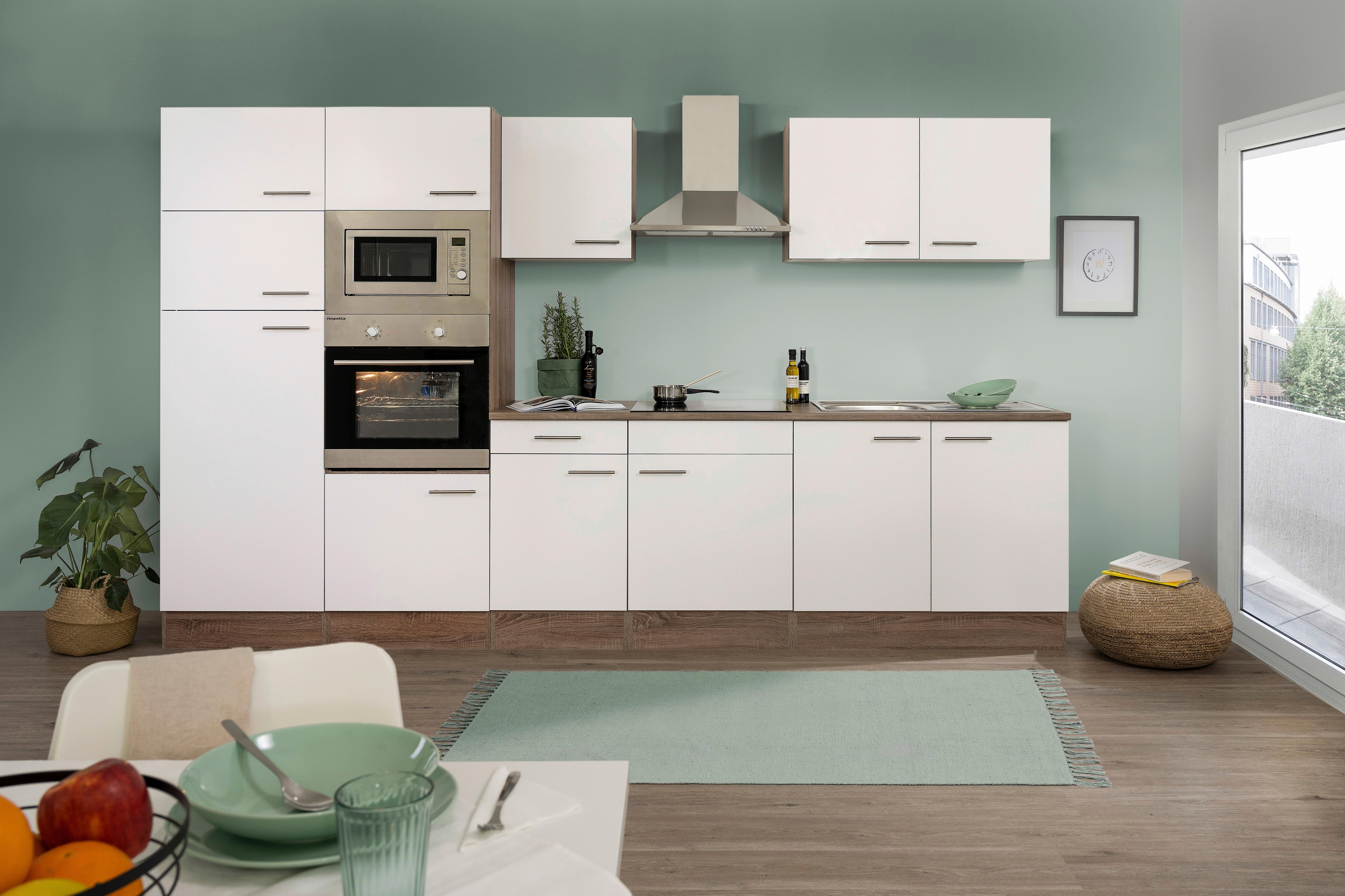 Küchenzeile Economy o. Geräte Weiß/Eiche B: ca. 330 cm - Edelstahlfarben/Eichefarben, Basics, Holzwerkstoff/Metall (330cm) - Respekta