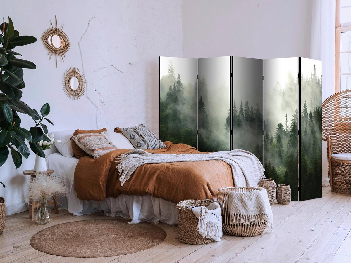 Paravan Coniferous Forest Ii, Dvostranski, 5-Delni - gozdno zelena/žajbljevo zelena, Basics, tekstil/les (225/172/3cm) - artgeist