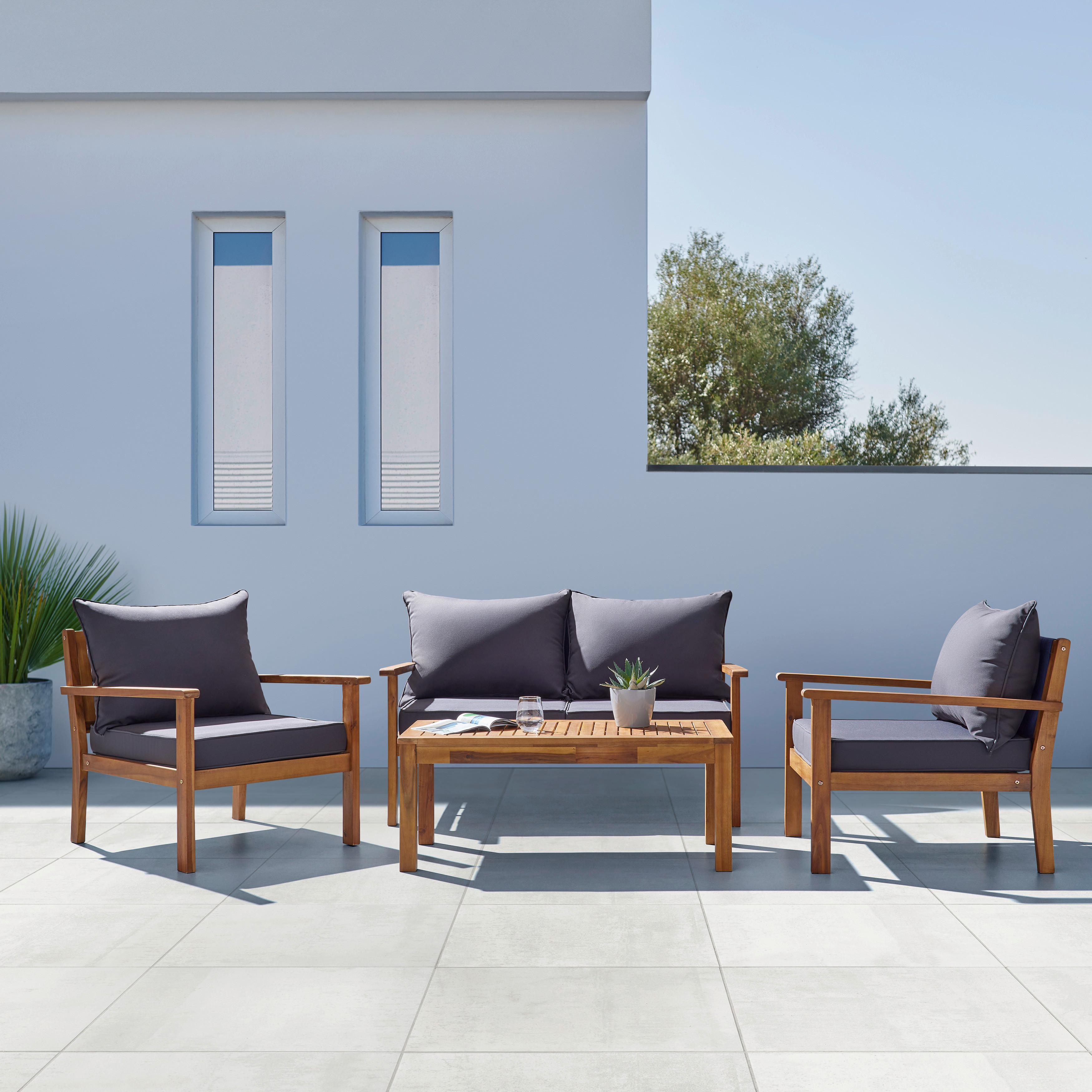 Loungegarnitur Holz, massiv "Lucia", aus Akazie - Dunkelgrau/Akaziefarben, Modern, Holz/Textil - Bessagi Garden