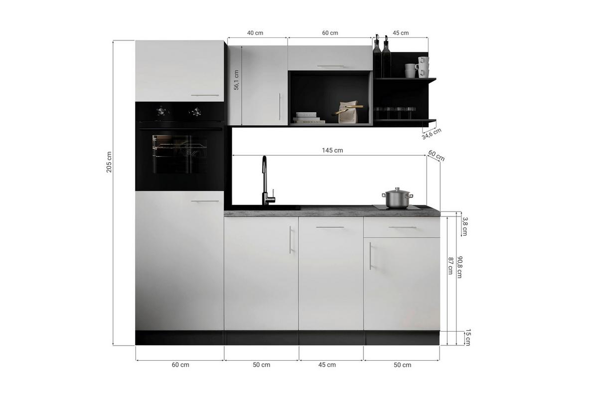Küchenblock Oliver m. Geräten Schwarz - Schwarz/Grau, Trend, Holzwerkstoff/Metall (205cm) - Respekta