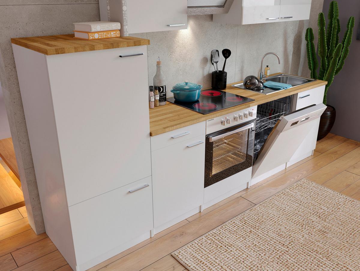 Küchenblock Economy mit Geräten Weiß B: ca. 280 cm - Edelstahlfarben/Nussbaumfarben, Basics, Holzwerkstoff/Metall (280cm) - Respekta